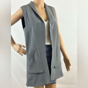 Rebecca Minkoff Gray Silk Bitten Sleeveless V Neck Utility  Long Vest Si…